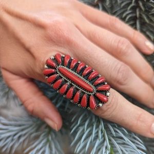 ❤️ Native American Sterling Silver Red *Coral* Big Needlepoint Cluster Ring 6.5